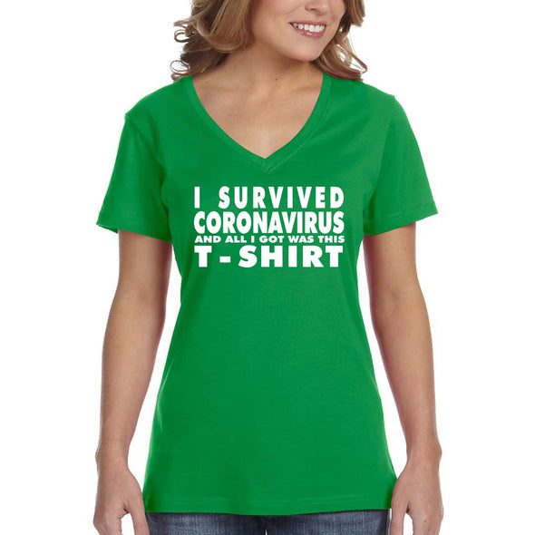 XtraFly Apparel Women&#39;s I Survived Social Distance Distancing Quarantine Vaccine Vaccinated Vaxx Front Line Father&#39;s Day Gift V-neck T-shirt