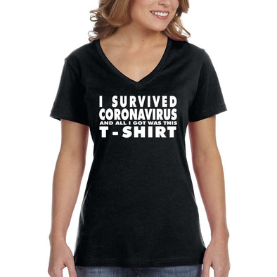 XtraFly Apparel Women&#39;s I Survived Social Distance Distancing Quarantine Vaccine Vaccinated Vaxx Front Line Father&#39;s Day Gift V-neck T-shirt