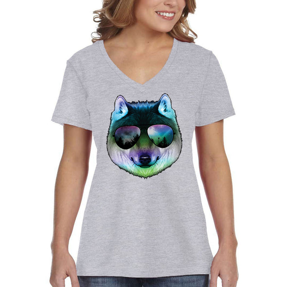 XtraFly Apparel Women's Night Wolf Pack Nature Zoo Cosmic Fox Wild Animal Forest Coyote Sunglasses Galaxy Beach Summer Party V-neck T-shirt