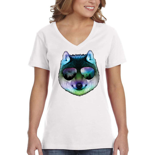 XtraFly Apparel Women's Night Wolf Pack Nature Zoo Cosmic Fox Wild Animal Forest Coyote Sunglasses Galaxy Beach Summer Party V-neck T-shirt