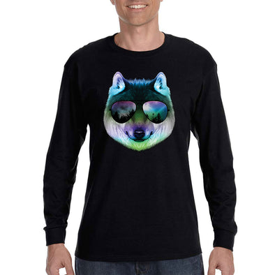 XtraFly Apparel Men's Night Wolf Pack Nature Zoo Cosmic Fox Animal Forest Coyote Sunglasses Galaxy Beach Summer Party Long Sleeve T-Shirt