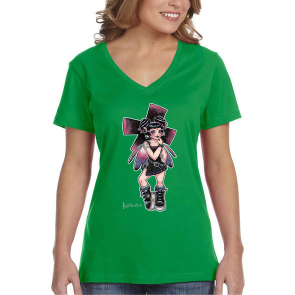 XtraFly Apparel Women's Jinx Fairy Sprite Elf Punk Mythical Creature Emo Sprit Goth Legend Magical Fantasy Legendary Folklore V-neck T-shirt