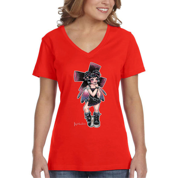 XtraFly Apparel Women's Jinx Fairy Sprite Elf Punk Mythical Creature Emo Sprit Goth Legend Magical Fantasy Legendary Folklore V-neck T-shirt