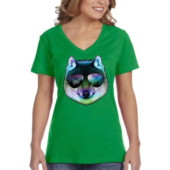 XtraFly Apparel Women's Night Wolf Pack Nature Zoo Cosmic Fox Wild Animal Forest Coyote Sunglasses Galaxy Beach Summer Party V-neck T-shirt