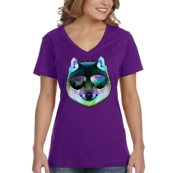 XtraFly Apparel Women's Night Wolf Pack Nature Zoo Cosmic Fox Wild Animal Forest Coyote Sunglasses Galaxy Beach Summer Party V-neck T-shirt