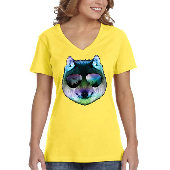 XtraFly Apparel Women's Night Wolf Pack Nature Zoo Cosmic Fox Wild Animal Forest Coyote Sunglasses Galaxy Beach Summer Party V-neck T-shirt