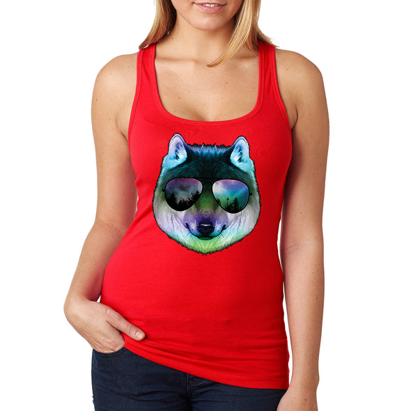 XtraFly Apparel Women's Night Wolf Pack Nature Zoo Cosmic Fox Animal Forest Coyote Sunglasses Galaxy Beach Summer Vacation Party Racerback