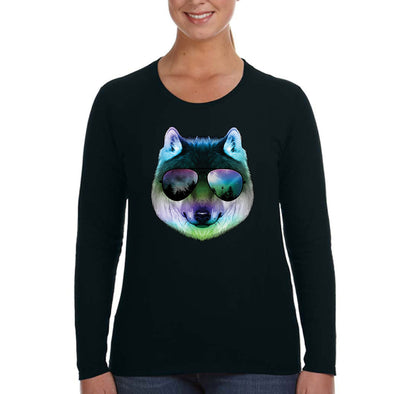 XtraFly Apparel Women's Night Wolf Pack Nature Zoo Cosmic Fox Animal Forest Coyote Sunglasses Galaxy Beach Summer Party Long Sleeve T-Shirt