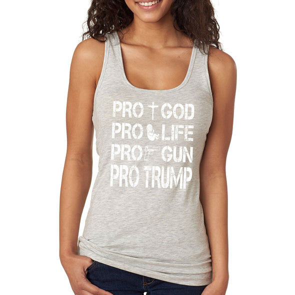 XtraFly Apparel Women's Pros Trump 2024 God Life Gun Religious 2nd Amendment American Flag Pride Patriot Republican MAGA Patriotic Racerback