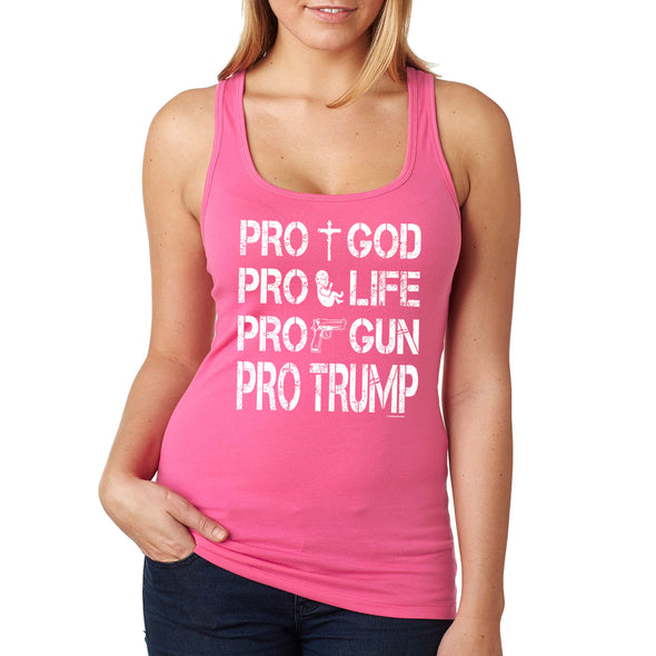 XtraFly Apparel Women's Pros Trump 2024 God Life Gun Religious 2nd Amendment American Flag Pride Patriot Republican MAGA Patriotic Racerback