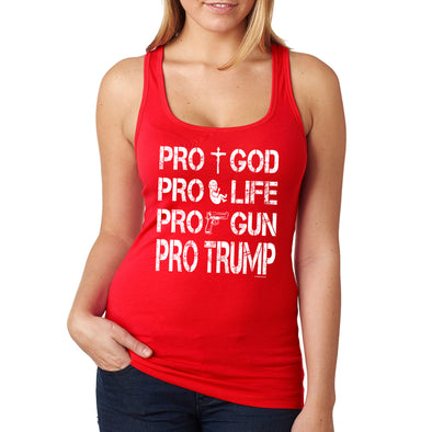 XtraFly Apparel Women's Pros Trump 2024 God Life Gun Religious 2nd Amendment American Flag Pride Patriot Republican MAGA Patriotic Racerback