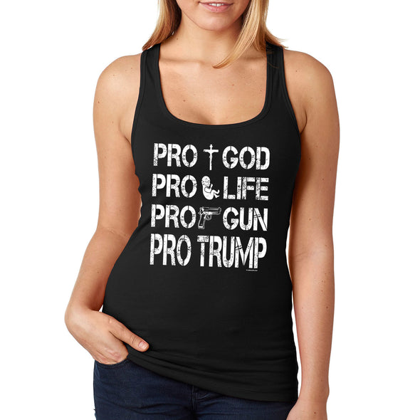 XtraFly Apparel Women's Pros Trump 2024 God Life Gun Religious 2nd Amendment American Flag Pride Patriot Republican MAGA Patriotic Racerback