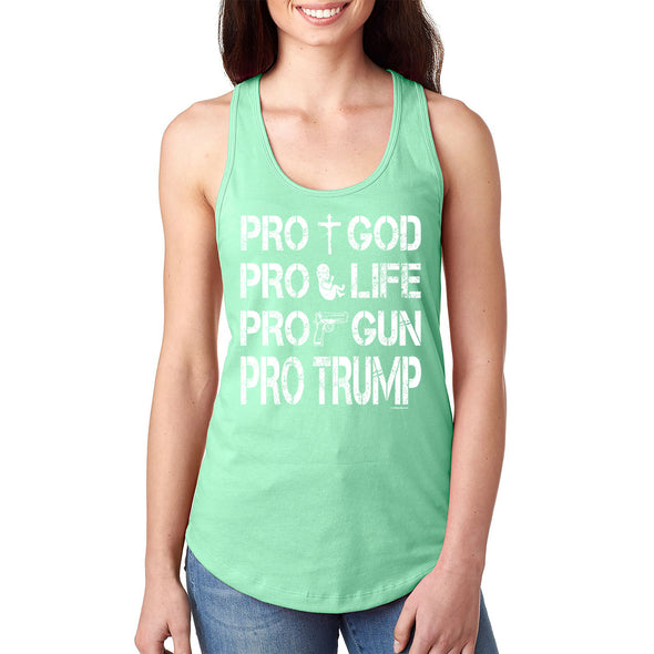 XtraFly Apparel Women's Pros Trump 2024 God Life Gun Religious 2nd Amendment American Flag Pride Patriot Republican MAGA Patriotic Racerback