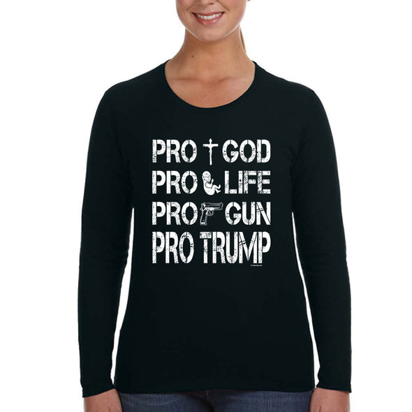 XtraFly Apparel Women's Pros Trump 2024 God Life Gun Religious 2nd Amendment American Flag Pride Patriot Republican MAGA Long Sleeve T-Shirt