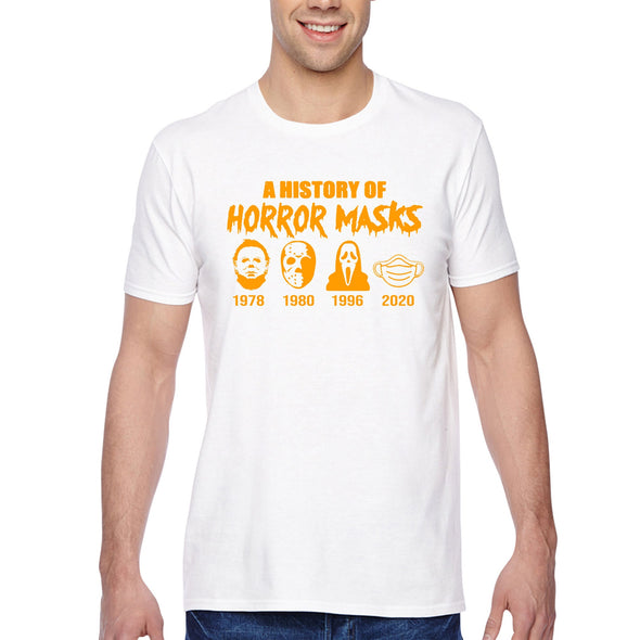 XtraFly Apparel Men's Tee History of Horror Masks Halloween Costume Social Distance Distancing Trick Treat Pumpkin Ghost Crewneck T-shirt