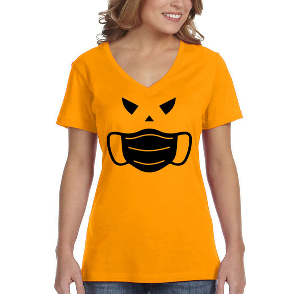 XtraFly Apparel Women's Jack O Lantern Mask Pumpkin Spice Social Distance Distancing Halloween Costume Trick Treat Boo Ghost V-neck T-shirt
