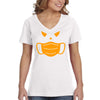 XtraFly Apparel Women's Jack O Lantern Mask Pumpkin Spice Social Distance Distancing Halloween Costume Trick Treat Boo Ghost V-neck T-shirt