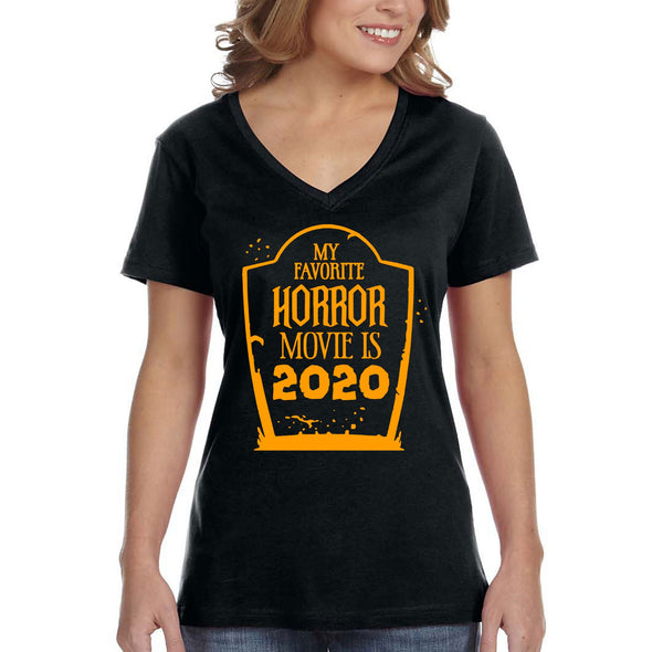 XtraFly Apparel Women's My Favorite Horror Movie 2020 Halloween Costume Mask Social Distance Distancing Trick Treat Pumpkin V-neck T-shirt