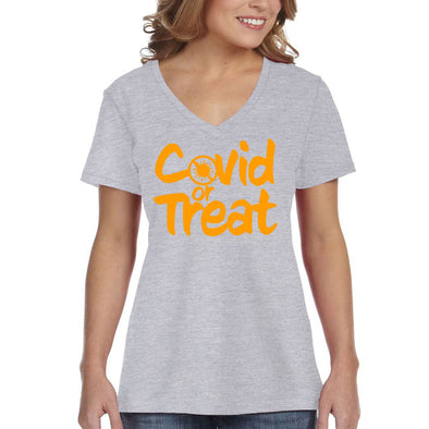 XtraFly Apparel Women's Trick Or Treat Social Distance Distancing Halloween Costume Horror Mask Pumpkin Spice Boo Bats Ghost V-neck T-shirt