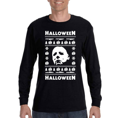 XtraFly Apparel Men's Halloween Christmas Ugly Xmas Sweater Scary Horror Movie Pumpkin Slasher Costume Holiday Winter Long Sleeve T-Shirt