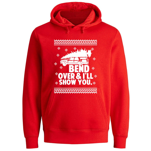 XtraFly Apparel Men Women's Bend Over I'll Show You Ugly Christmas Sweater Matching Griswold Movie Vacation Xmas Tree Snow Holiday Hoodie