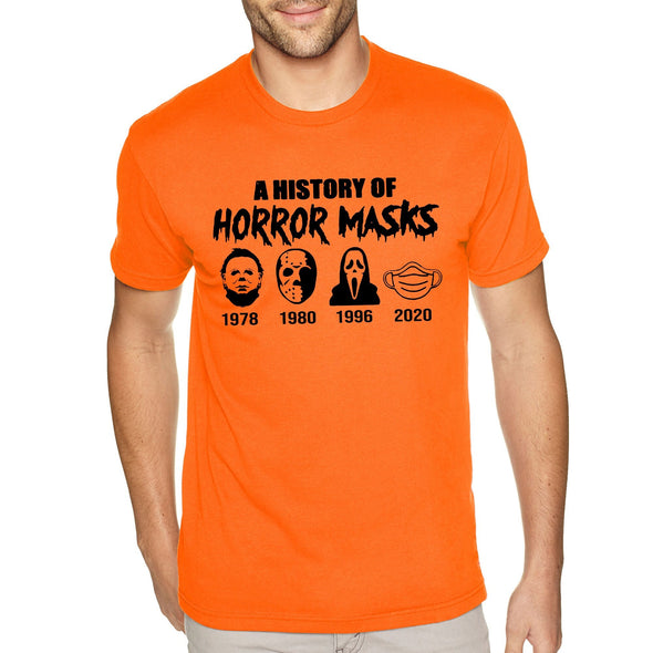 XtraFly Apparel Men's Tee History of Horror Masks Halloween Costume Social Distance Distancing Trick Treat Pumpkin Ghost Crewneck T-shirt
