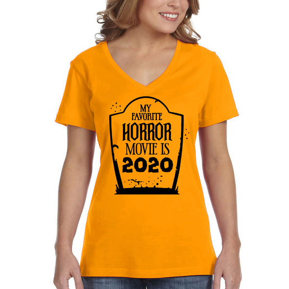 XtraFly Apparel Women's My Favorite Horror Movie 2020 Halloween Costume Mask Social Distance Distancing Trick Treat Pumpkin V-neck T-shirt