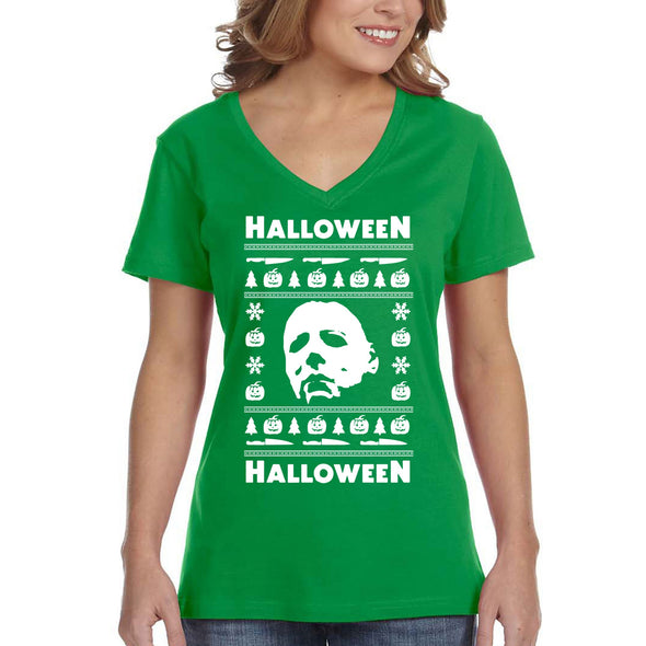 XtraFly Apparel Women's Halloween Christmas Ugly Xmas Sweater Scary Horror Movie Pumpkin Slasher Costume Holiday Tree Winter V-neck T-shirt