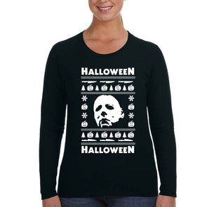 XtraFly Apparel Women's Halloween Christmas Ugly Xmas Sweater Scary Horror Movie Pumpkin Slasher Costume Holiday Tree Long Sleeve T-Shirt