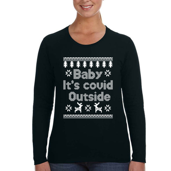 XtraFly Apparel Women's Baby It's Cold Outside Social Distancing Distance Quarantine Reindeer Snowflake Christmas Xmas Long Sleeve T-Shirt