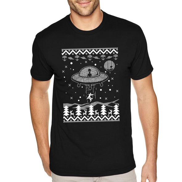 XtraFly Apparel Men's Tee Alien Abducting Reindeer Glow Dark Christmas Sweater UFO Alien Space Galaxy Mars Rocket Xmas Tree Crewneck T-shirt