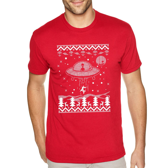 XtraFly Apparel Men's Tee Alien Abducting Reindeer Glow Dark Christmas Sweater UFO Alien Space Galaxy Mars Rocket Xmas Tree Crewneck T-shirt