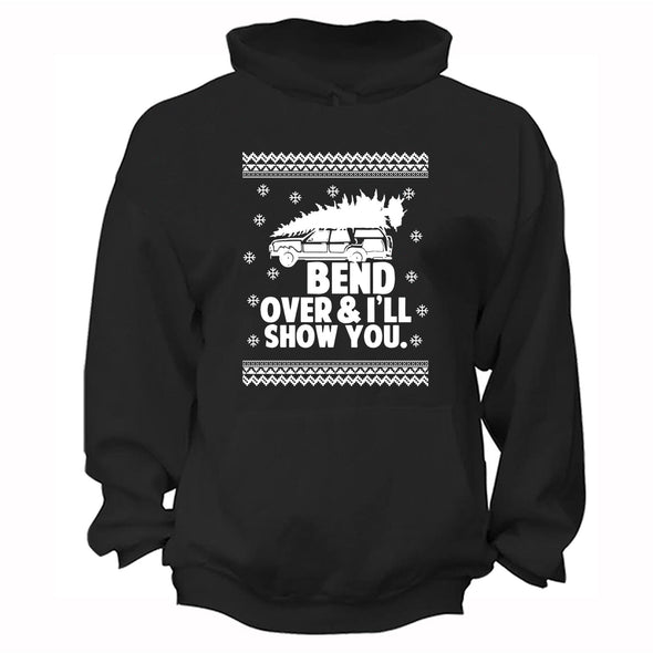 XtraFly Apparel Men Women's Bend Over I'll Show You Ugly Christmas Sweater Matching Griswold Movie Vacation Xmas Tree Snow Holiday Hoodie